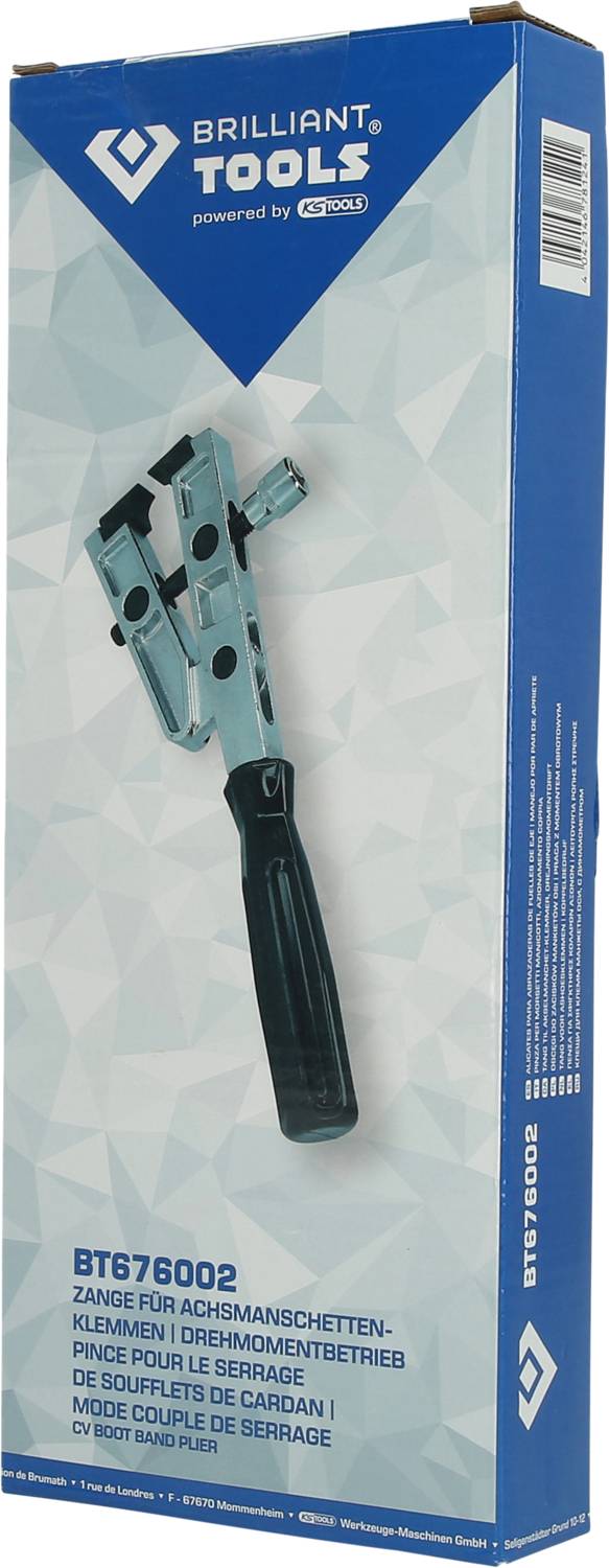 Blue cardboard box with an image of a pair of pliers, 'Brilliant Tools' at the top, model number 'BT676002', description in multiple languages.