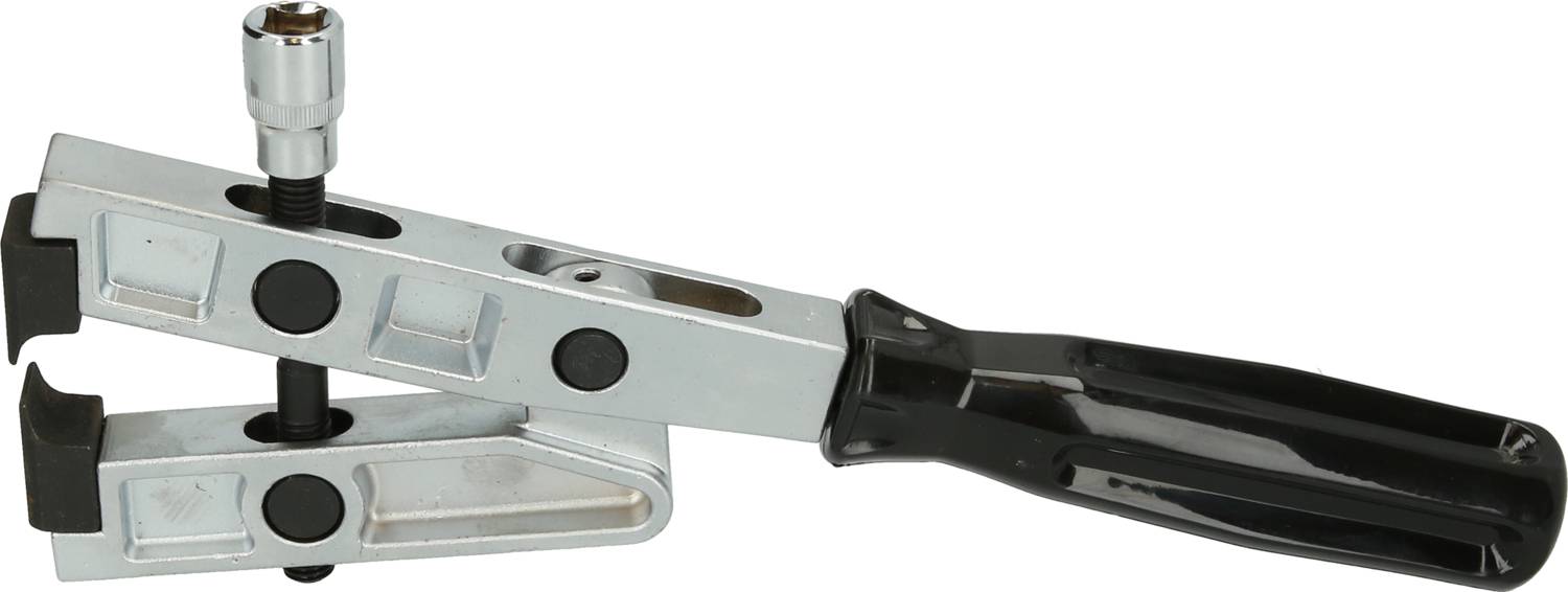 Illustration of a silver screw device with a black handle, used for holding or clamping objects.