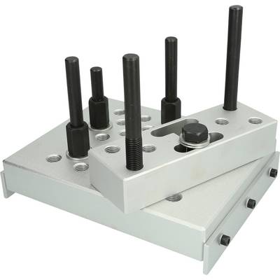 Tool holder with multiple clamps on two stacked metal plates, suitable for fixing and machining components in manufacturing.