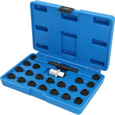 'Blue tool case with 20 black plastic socket wrenches, a silver adapter and a black handle. Lying open on a table.'