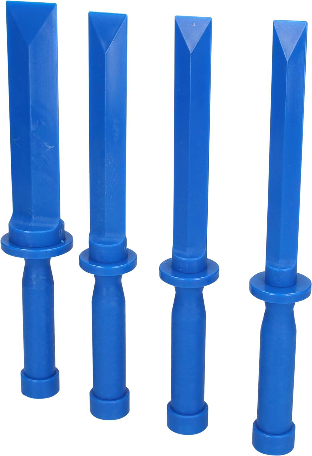 Four blue, vertically aligned training swords made of plastic, each with straight edges and a round handle.