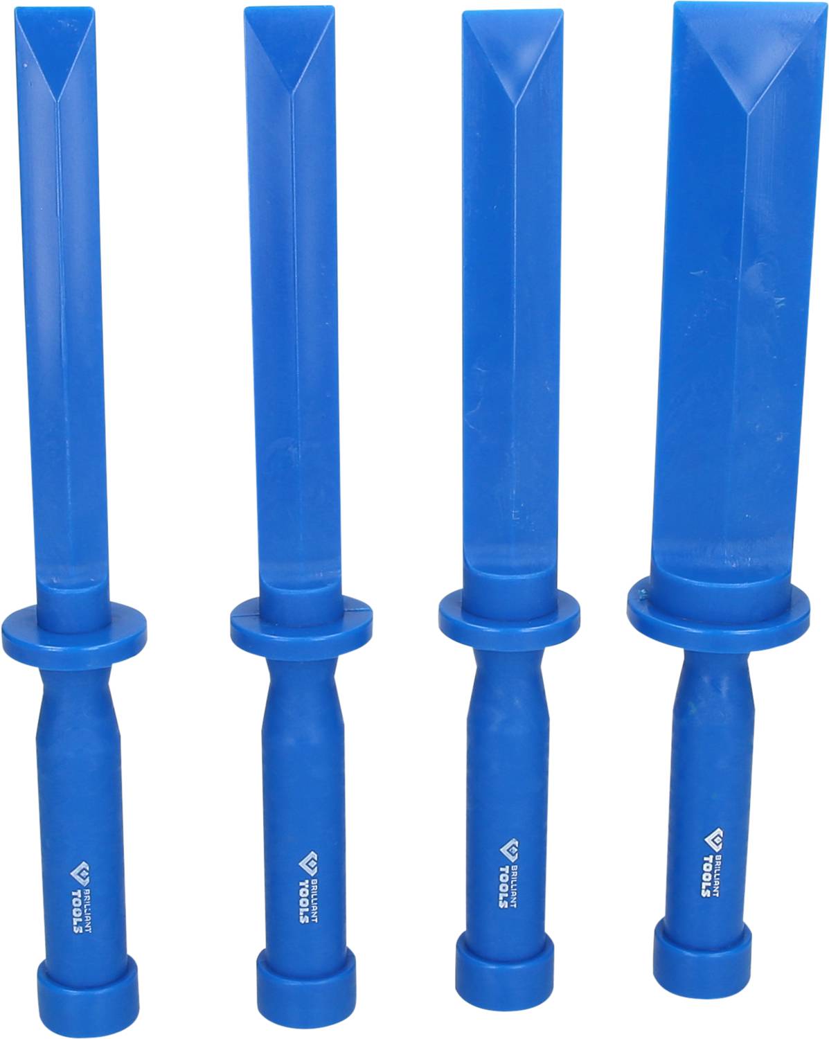 Four blue, rod-shaped plastic objects with handles, standing side by side. They appear identical in shape and size.