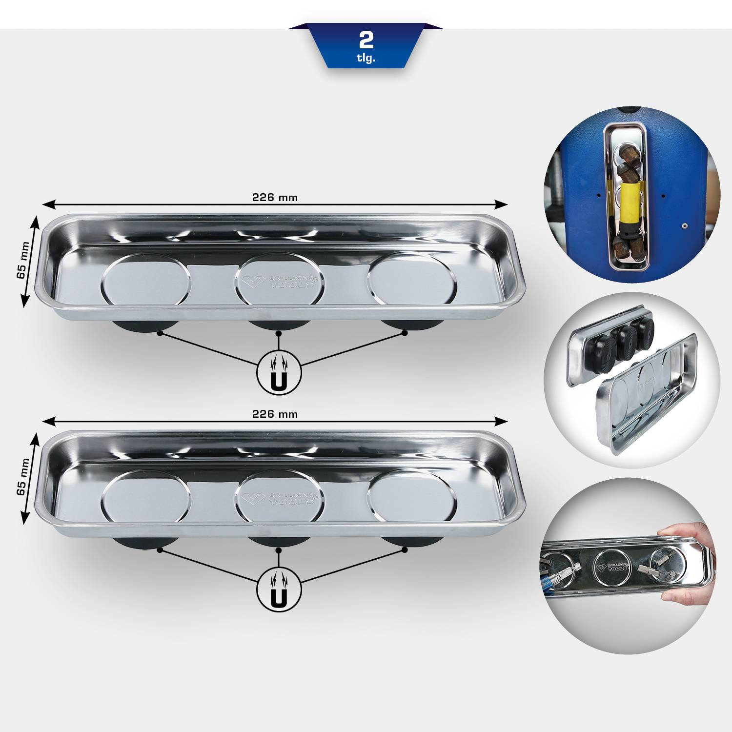 Two identical elongated magnetic trays, each 226 mm long and 66 mm wide, for tools, with a silver sheen.