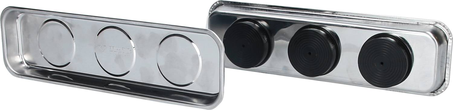 Two rectangular magnetic strips with three round black magnets, one showing the front side, the other the reverse side. They are made of metal.
