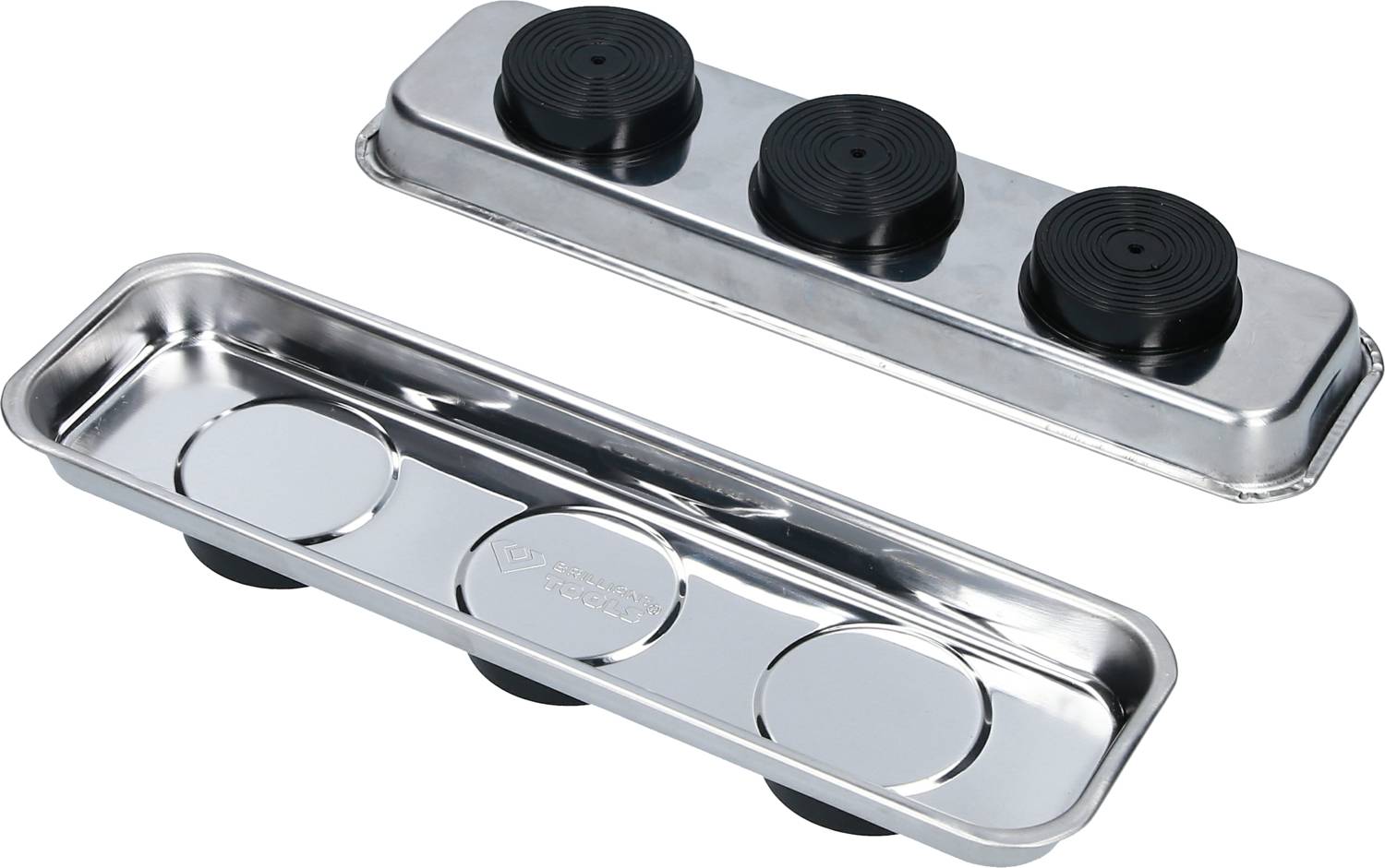 'Two magnetic trays, one open, one closed, with black magnets, for storing metal objects.'