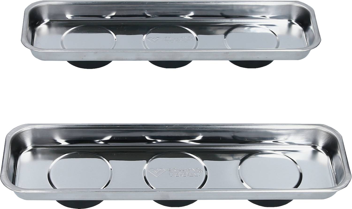 Two rectangular magnetic stainless steel bowls, one larger and one smaller, for storing small metal parts and tools.