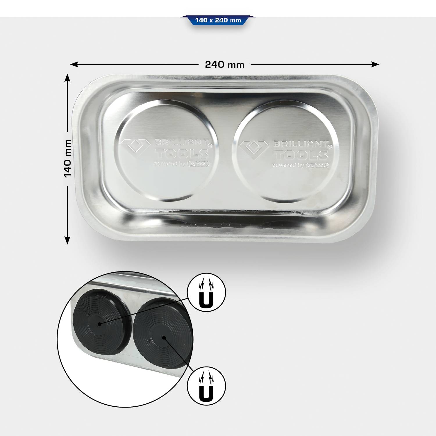 Rectangular stainless steel magnetic tray, dimensions 240 x 140 mm. Suitable for holding metal objects such as screws.