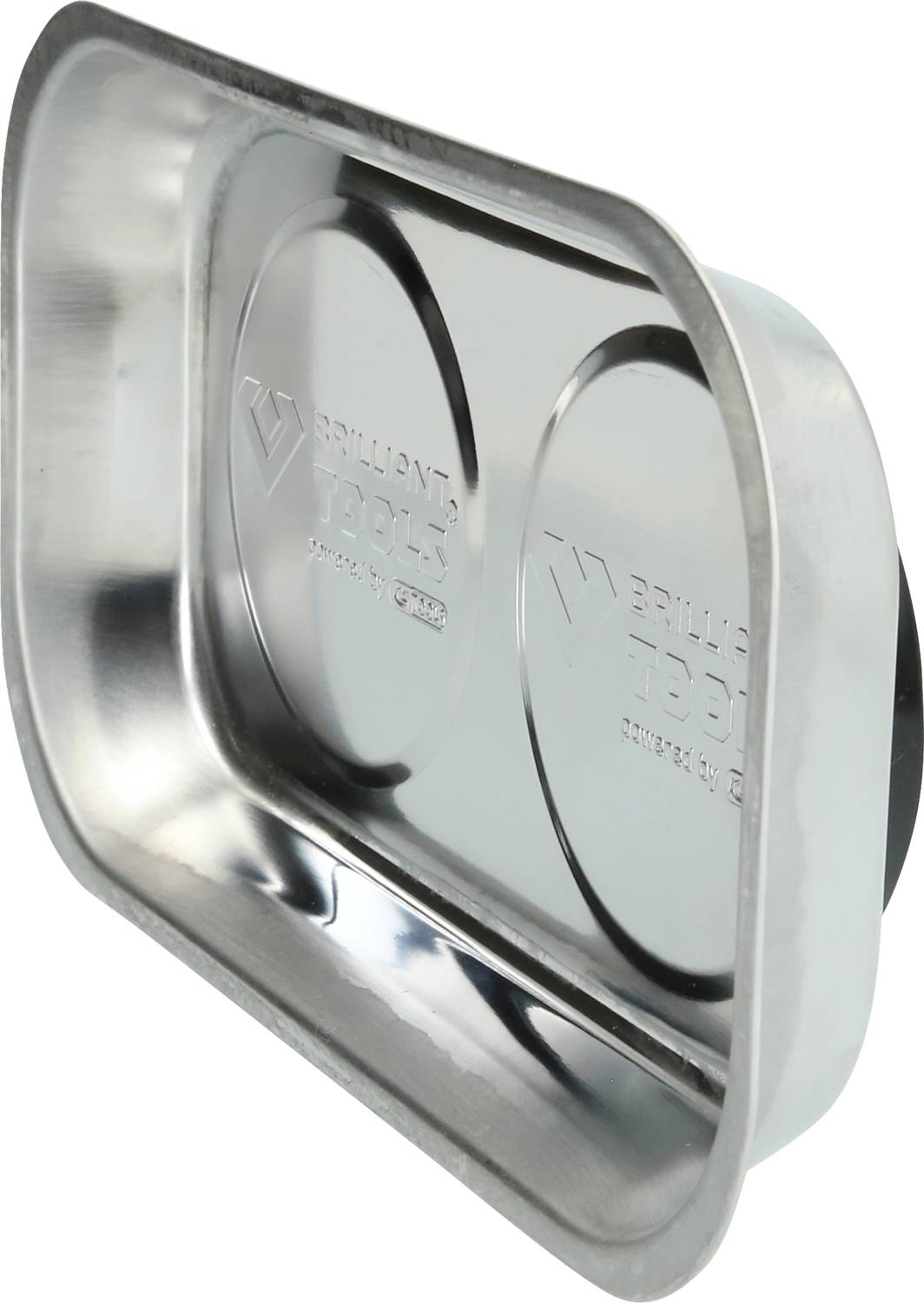 A rectangular, metallic tool holder with two recessed areas capable of holding round objects.