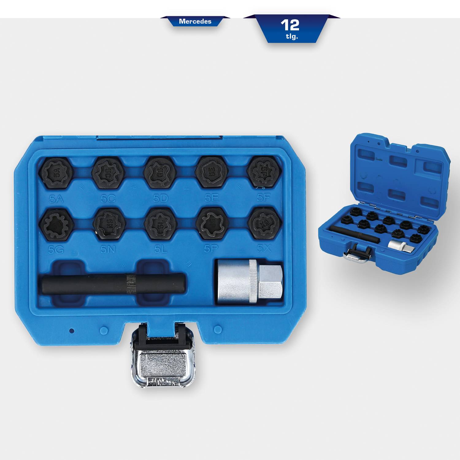 Blue tool set with 12 pieces, including various nuts and accessories, opened to display its contents.
