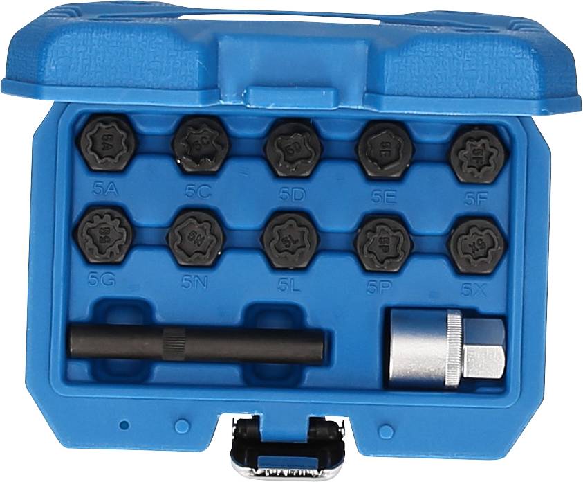 A blue box containing ten black socket keys, numbered from 5A to 5X, with two accompanying accessories underneath.