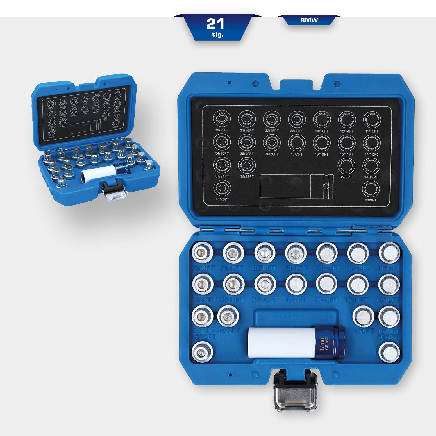 'Set of 21 nuts in a blue housing, suitable for BMW. Nuts arranged in a clean grid. Lid shows graphical nut sizes.'