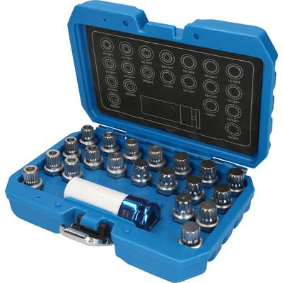 A blue tool case with various socket sizes and a white extension adapter, neatly arranged in foam inserts.