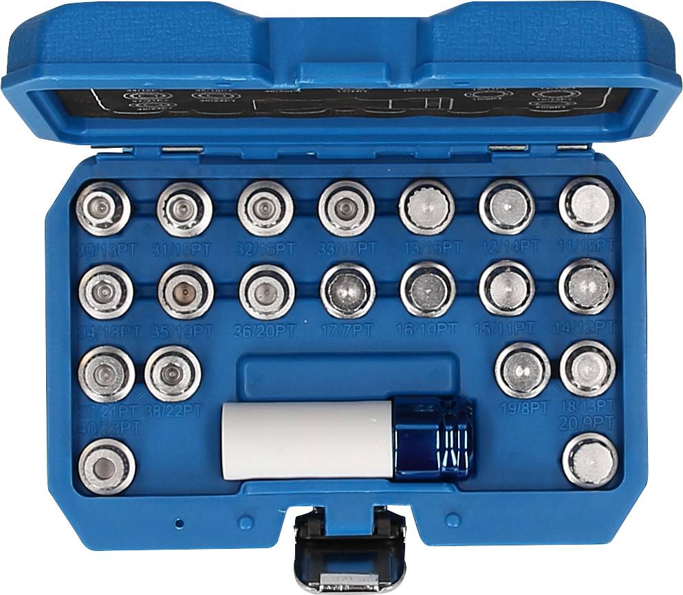 A blue tool case with 19 different socket sizes and an extension adapter, opened to display its contents.