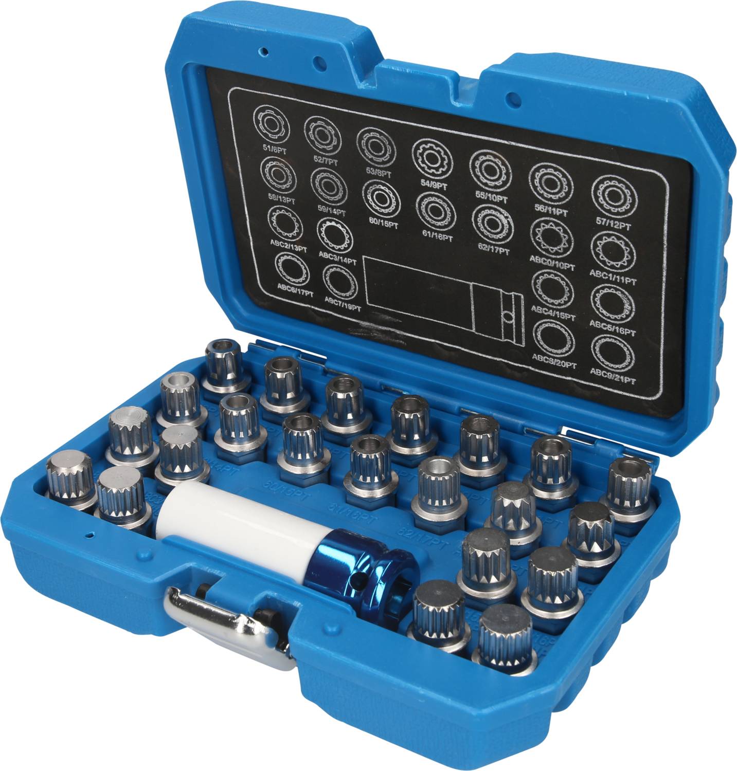 A blue suitcase with a set of 30 screwdriver bits in various sizes and shapes, including a white adapter.