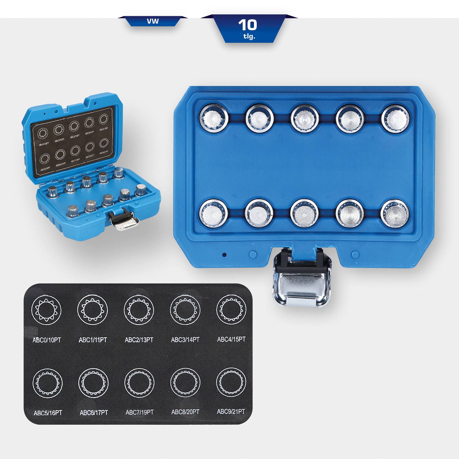 A blue socket wrench set with 10 pieces, shown open and closed. Contains various sockets in a compact box.