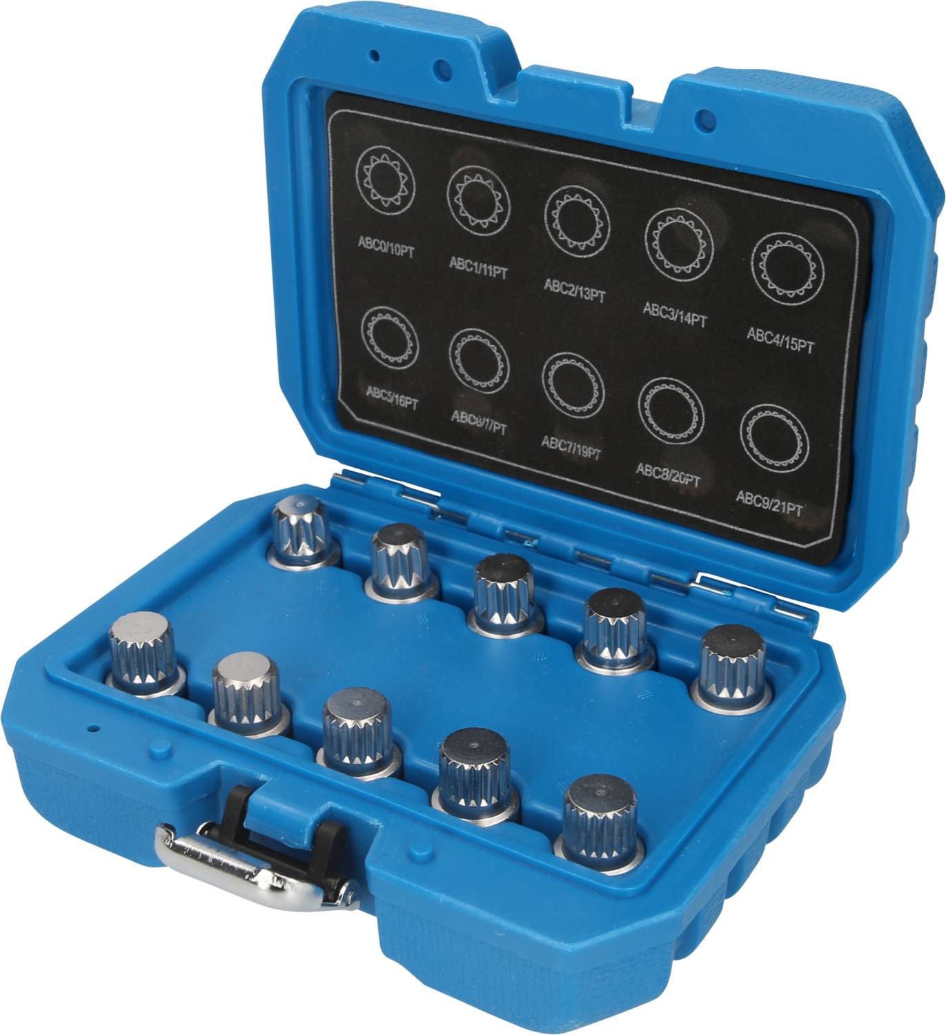 Blue toolbox with silver socket attachments in two levels. Top surface shows illustrations and markings of the attachments.