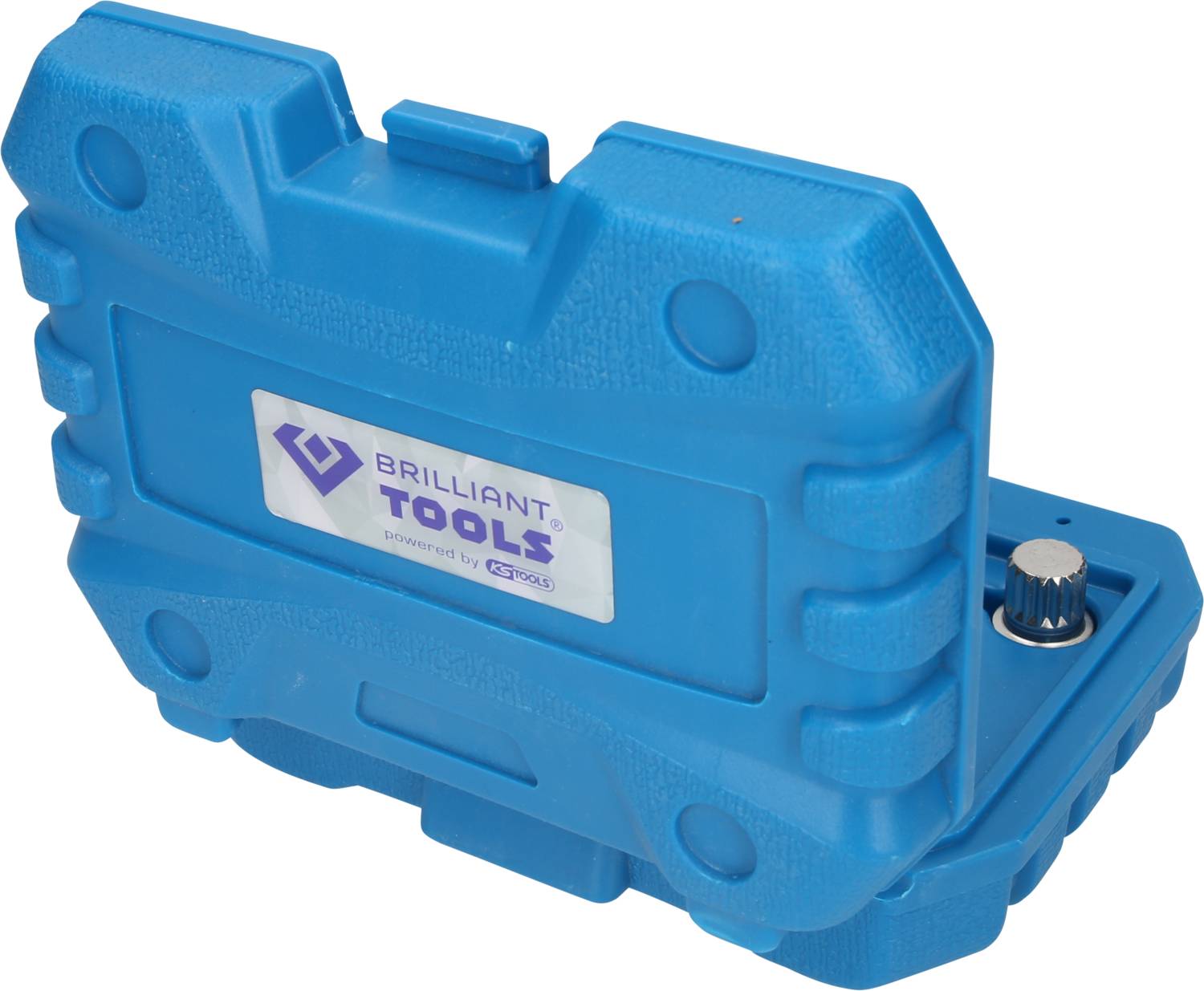 Blue tool case with 'BRILLIANT TOOLS' logo, closed, with plastic handle and structured casing.