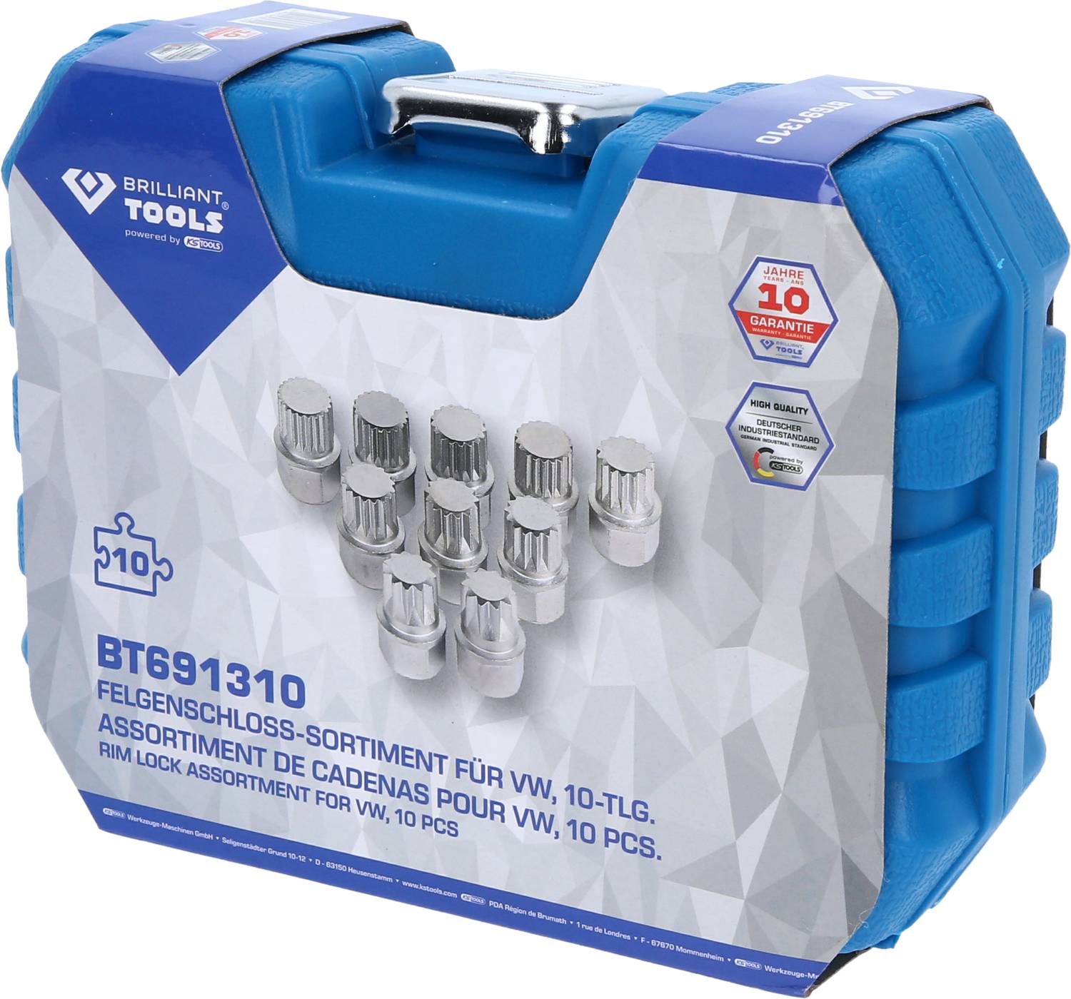 'Brilliant Tools' wheel nut set with 10 wheel security nuts for VW. Blue case, 10-year warranty label visible.