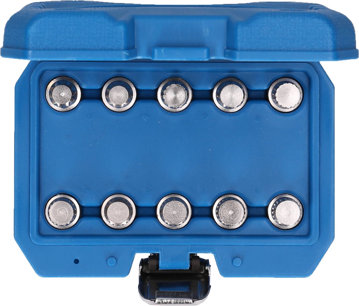 Blue box with an open lid, containing ten silver batteries in two rows of five batteries each. The box has a closure mechanism on its underside.