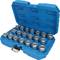 Blue suitcase with 22 silver thumb tacks in various sizes.