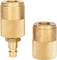 Two brass-coloured quick-release couplings, one with a bayonet connection and one without, standing side by side on a white background.