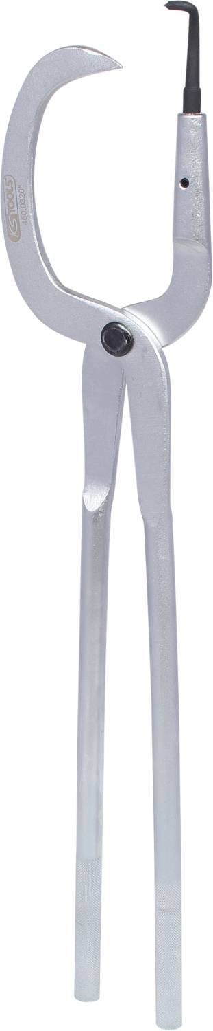 Metal pliers with a curved, serrated gripper. The tool is used for securely gripping and holding heavy or hot objects.