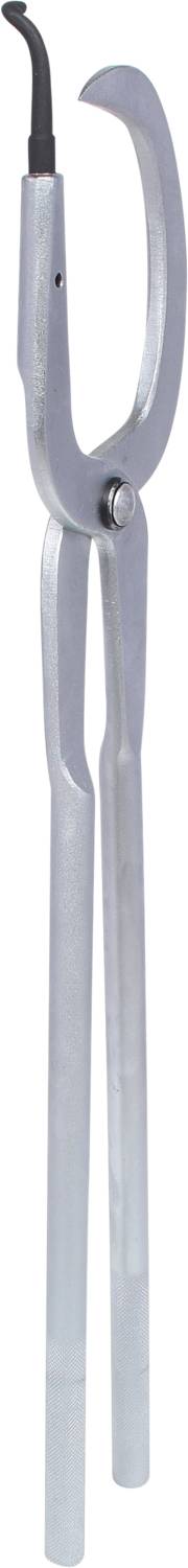 Long pliers-like tool with a curved tip at the top, metal surface; used for gripping, holding, or pressing.