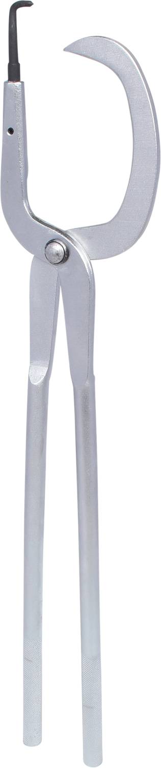 Pliers with rounded handles and a hook at the end, used for gripping or holding objects.