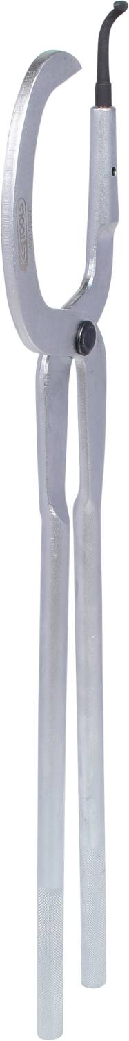 A silver metal horseshoeing accessory with a long handle and a hook at the upper end for working with horse hooves.