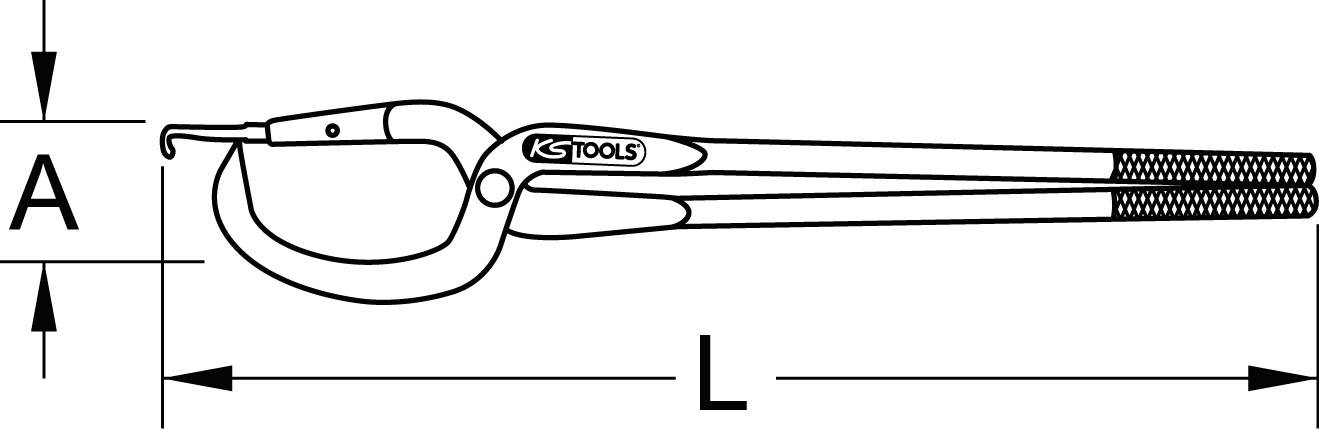 Image of a specialist tool by KS Tools with a long handle and a hook. The dimensions A (height) and L (length) are marked.