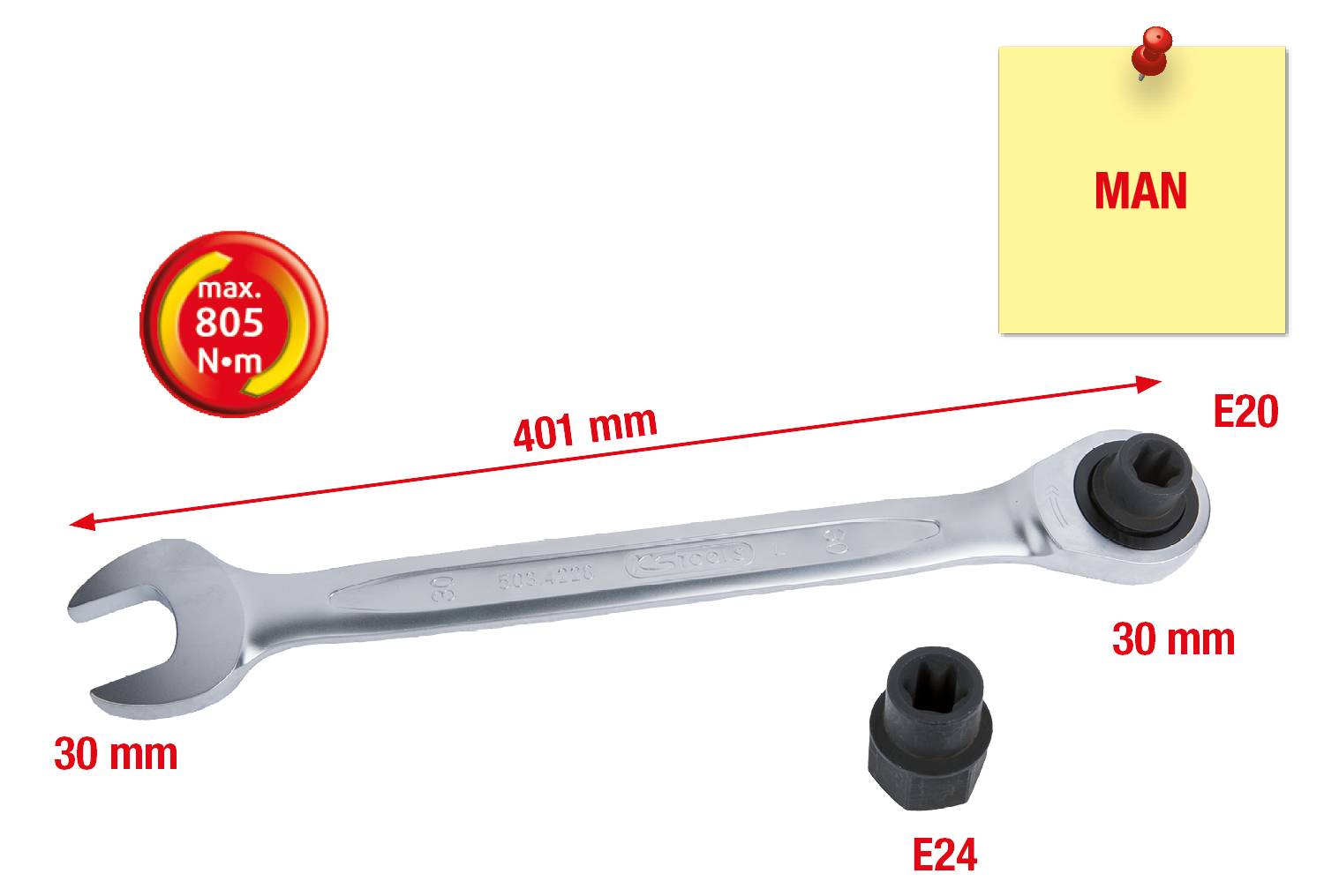 'Ratchet spanner with variable attachments, length 401 mm, max. 805 Nm.'
