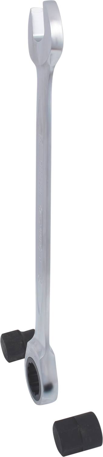 A ratchet spanner with an open end and a closed end, designed for universal screw and bolt work.