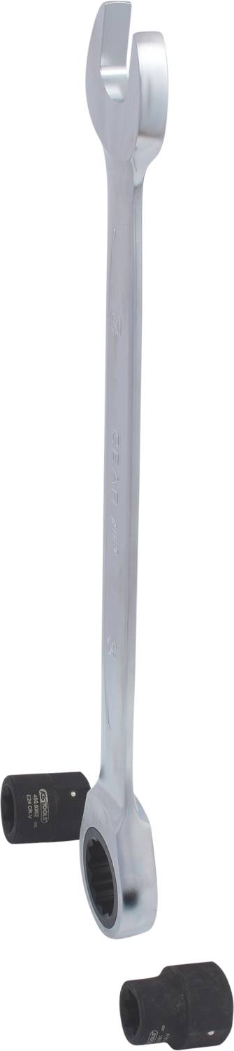 A silver ratchet spanner with a ratchet head, alongside two black socket attachments. The spanner is suitable for loosening bolts.