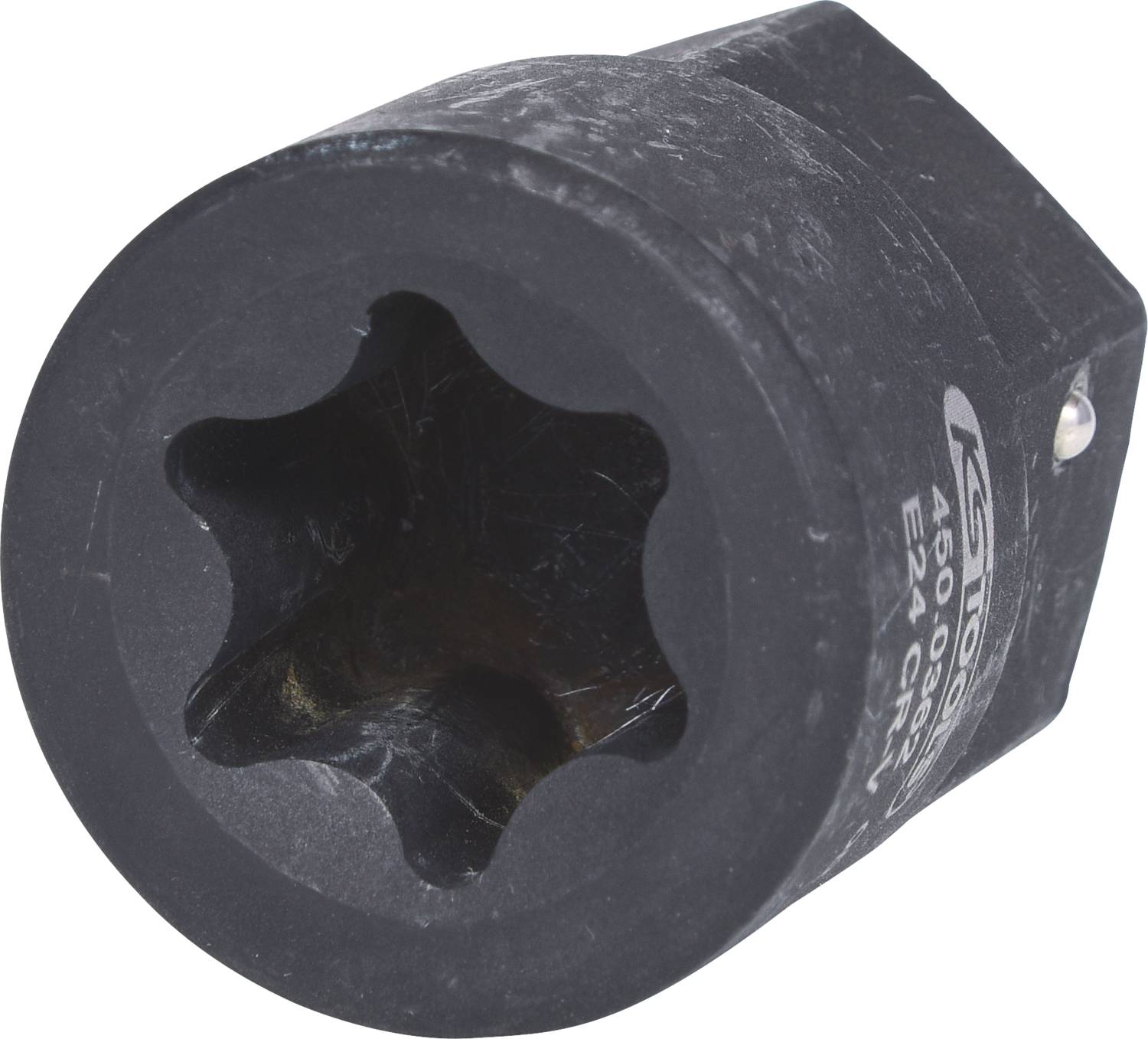 A black socket adaptor with a star-shaped opening, suitable for nuts or bolts with a matching profile.
