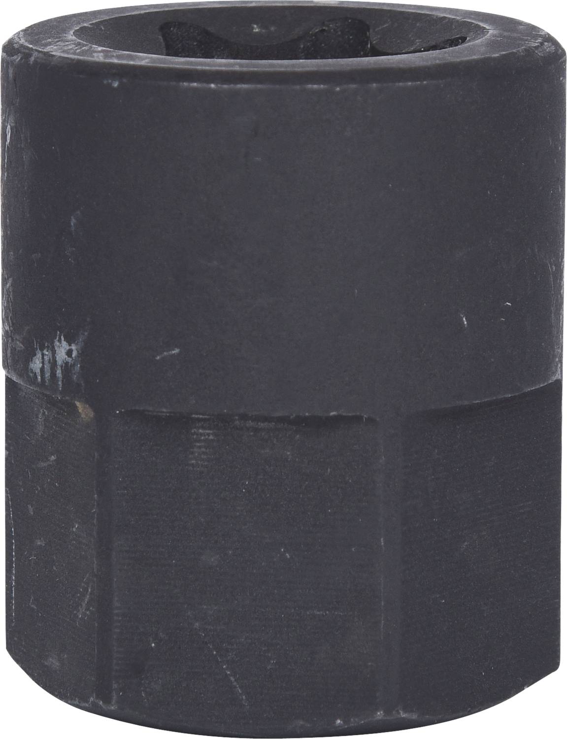 A black cylindrical rubber component, possibly a bush or damper, against a white background.