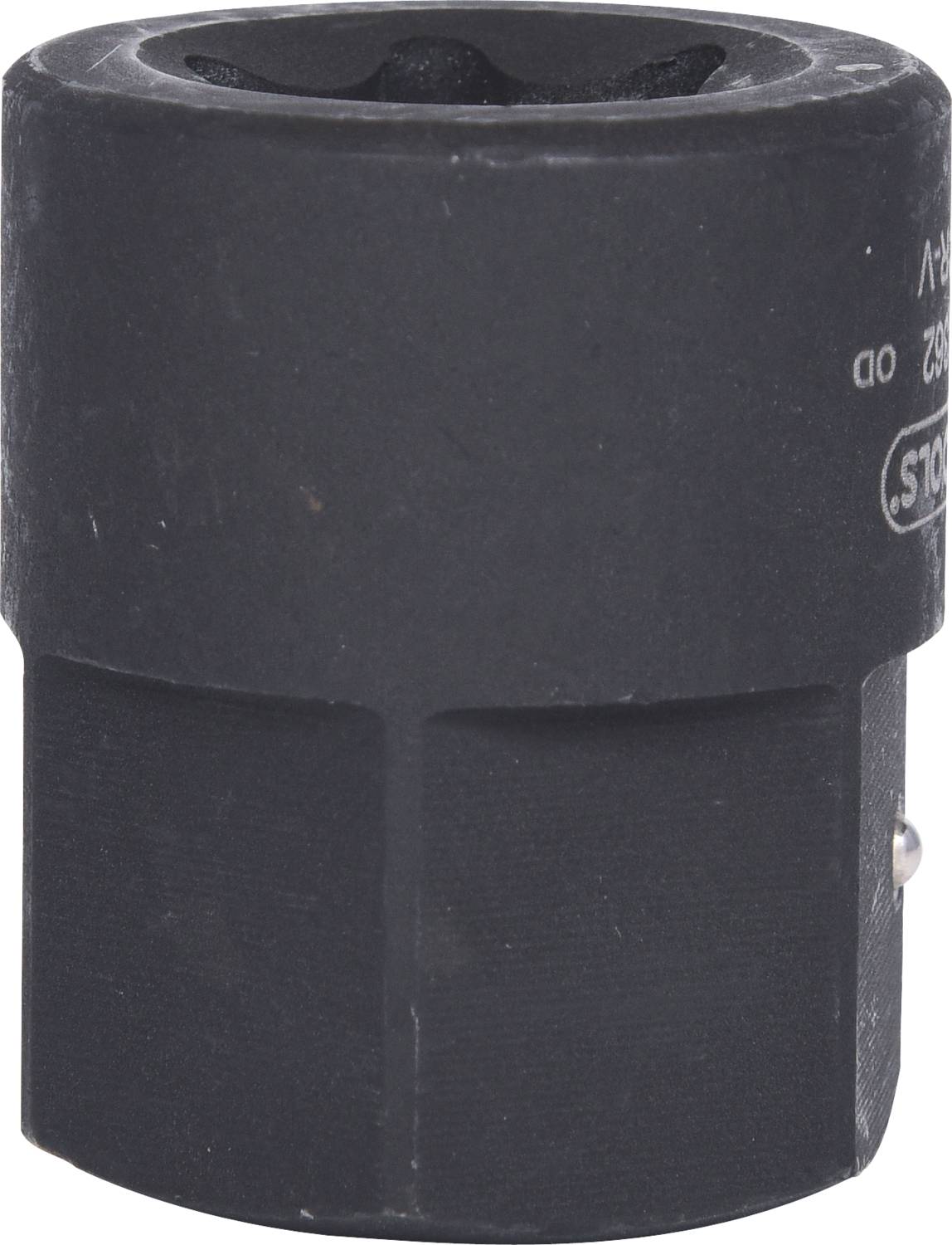 Black metal socket adapter, cylindrical in shape, with a round opening at the top for securing tools.