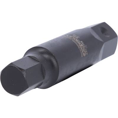 A black metal adapter with two hexagonal ends of different sizes, potentially for use in a socket wrench connection.