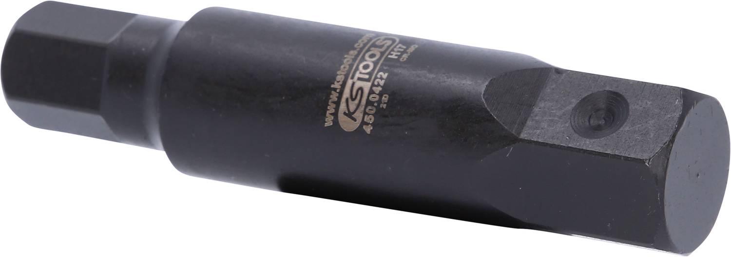 Black-painted adapter with a hexagonal shaft and square mounting, typically used for mechanical connections.