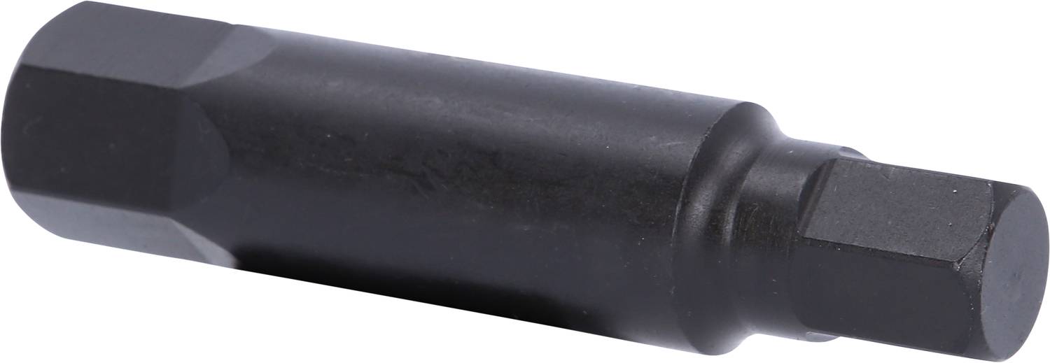 The black metal hex socket adapter has a hexagonal profile that slightly varies at both ends. It is used for connecting tools.