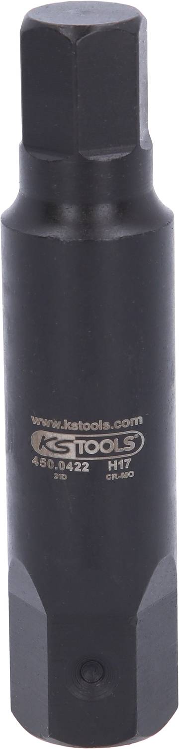 Black hexagonal bit by KS Tools, model H17, with manufacturer logo and inscription. Used for screw processing.<br><br>Translation to British English:<br>Black hexagonal bit by KS Tools, model H17, with manufacturer's logo and markings. Used for screw fastening.