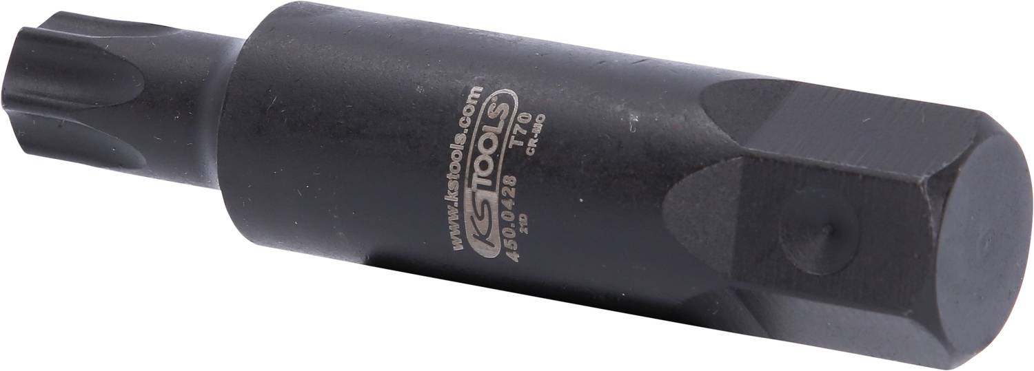 A black, hexagonal spanner bit with a knurled tip, suitable for specialised screw heads.