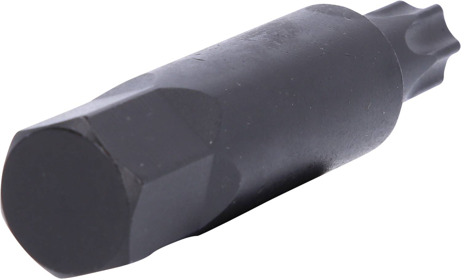 Short, black bit holder with hexagonal shaft and star-shaped tip for screwdrivers or drills.
