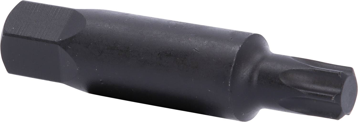 Black metal Torx screwdriver bit with a hexagonal shaft and star-shaped head, suitable for screw-related tasks.