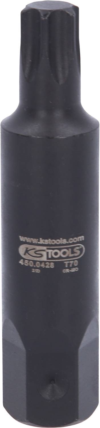 A black tool bit with Torx profile, suitable for screws with hexalobular socket. Markings are visible on the bit.