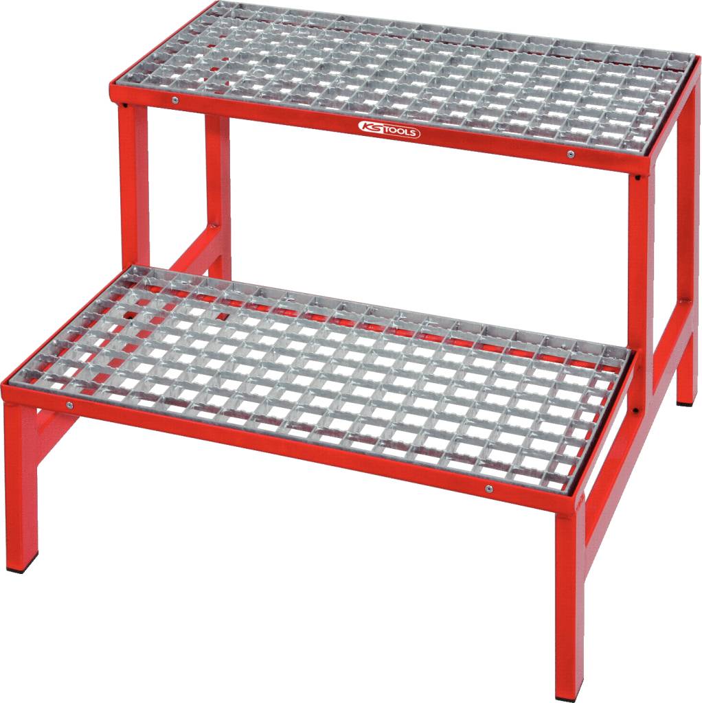 Two-stage red metal step ladder with mesh platforms, suitable for use in workshops or storage areas.