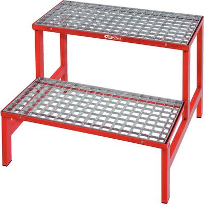 Two-stage red metal step ladder with mesh platforms, suitable for use in workshops or storage areas.
