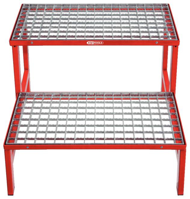Two-stage, red metal step ladder with sturdy grid steps, suitable for use in workshops or industrial environments.