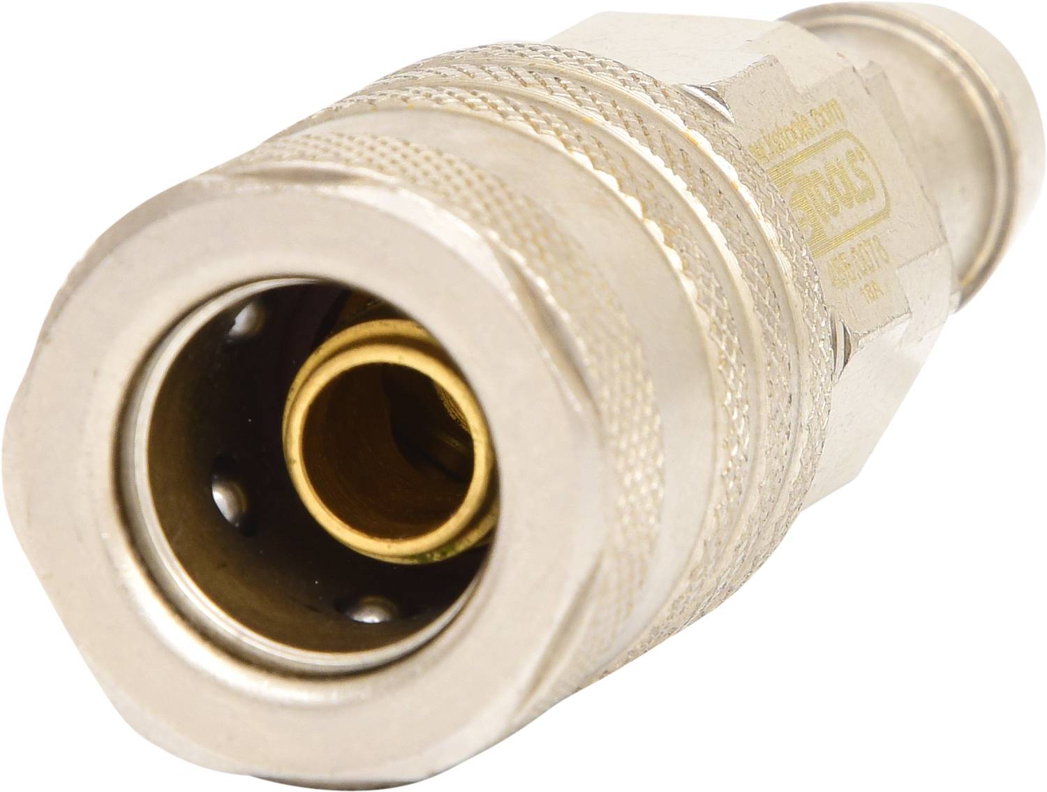 Metal adapter with a knurled handle and round connection, likely suitable for pneumatic systems or hose connections.