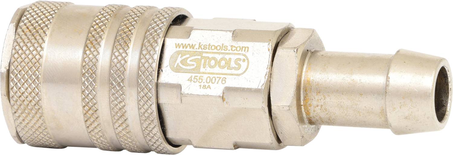 Metal connection adapter with grooves for easy handling. The 'KS TOOLS' logo and a serial number are visible on the side.