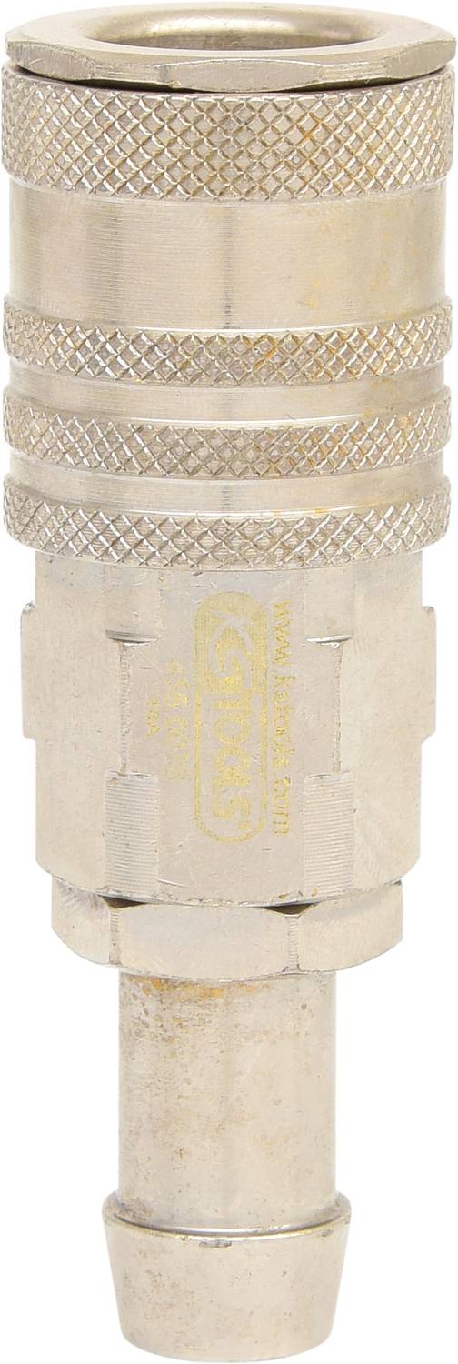 A metallic push-fit connector or adaptor with a knurled surface, used for pneumatic or hydraulic systems.